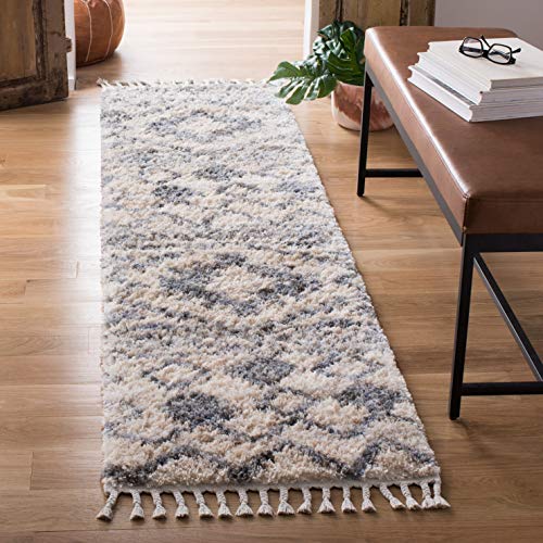 Safavieh Shaggy Marocchino Tappeto Runner da Interno, Intrecciato, Collezione Shag Ciuffo Barbaro, BFG606, in Crema / Blu Scuro, 61 X 244 cm