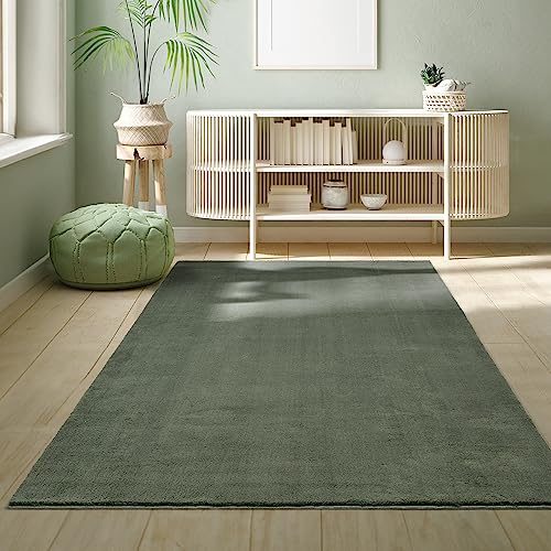 the carpet Relax Tappeto moderno a pelo corto, soggiorno, fondo antiscivolo, lavabile fino a 30 gradi, morbidissimo, aspetto pelliccia, Verde 2, 60 x 110 cm