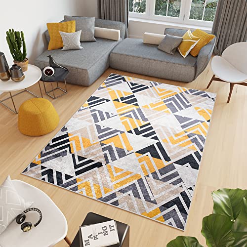 TAPISO Toscana Tappeto Soggiorno Salotto Sala Camera Letto Moderno Glamour Geometrico Triangoli Zig-Zag Grigio Giallo Pelo Corto Stampato Antiscivolo 120 x 170 cm