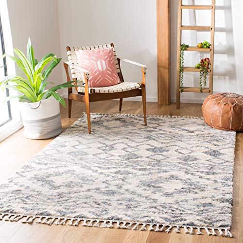 Safavieh Shaggy Marocchino Tappeto Rettangolare da Interno, Intrecciato, Collezione Shag Ciuffo Barbaro, BFG606, in Crema / Blu Scuro, 183 X 274 cm