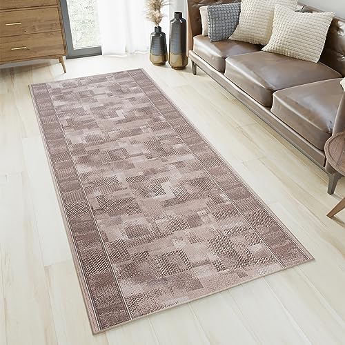 TAPISO Agadir Tappeto Passatoia Runner Antiscivolo Pelo Corto Al Metro Design Moderno Motivo Geometrico Astratto Fantasy Camoscio Corridoio Cucina Entrata Ingresso Ufficio 67 x 200 cm