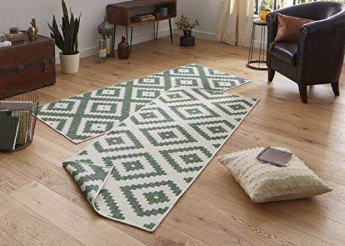 NORTHRUGS Tappeto reversibile Malta, resistente alle intemperie, moderno motivo geometrico, per balcone, terrazza, giardino d'inverno, soggiorno, impermeabile, polipropilene, verde, crema, 80 x 350 cm