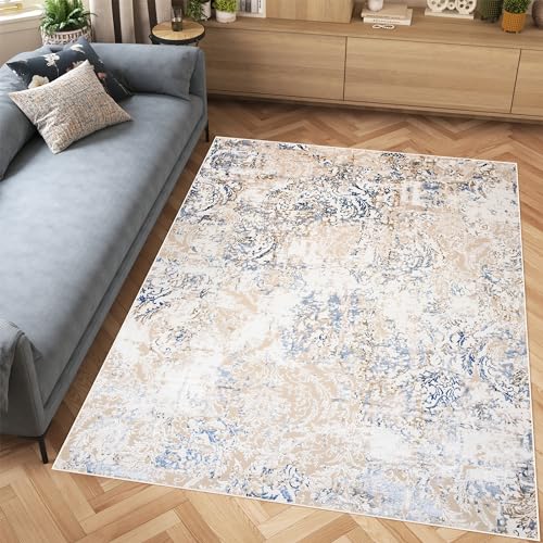 TAPISO Hera Tappeto Morbido Pelo Lucido Effetto 3D Design Moderno Motivo Astratto Sfumato Crema Beige Blu Soggiorno Sala Camera Cameretta Sicuro OEKO-TEX Resistente 140 x 200 cm