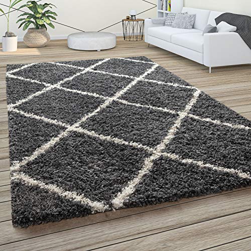 Paco Home Morbido tappeto a pelo lungo Shaggy per soggiorno in stile scandinavo con motivo a rombi, Dimensione:200x280 cm, Colore:Antracite