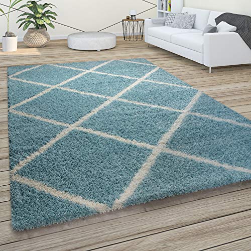 Paco Home Morbido tappeto a pelo lungo Shaggy per soggiorno in stile scandinavo con motivo a rombi, Dimensione:60x100 cm, Colore:Turchese