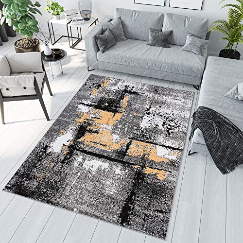 TAPISO Maya Tappeto Soggiorno Pelo Corto Design Moderno Motivo Astratto Sfumato Linee Sfumature Giallo Bianco Grigio Camera da Letto Cameretta Ufficio Salotto Oeko-Tex 140 x 200 cm