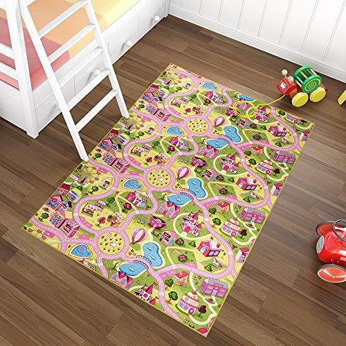 TAPISO Nino Tappeto Villaggio Pista Macchinine Giochi Bambina Bambini Bimbi Morbido Da Gioco Rosa Giallo Verde Cameretta Stanza Bambini A Pelo Corto 200 x 200 cm