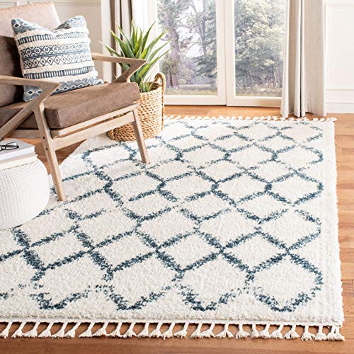 Safavieh Shaggy Marocchino Tappeto Rettangolare da Interno, Intrecciato, Collezione Shag Ciuffo Barbaro, BFG524, in Crema / Blu, 122 X 183 cm