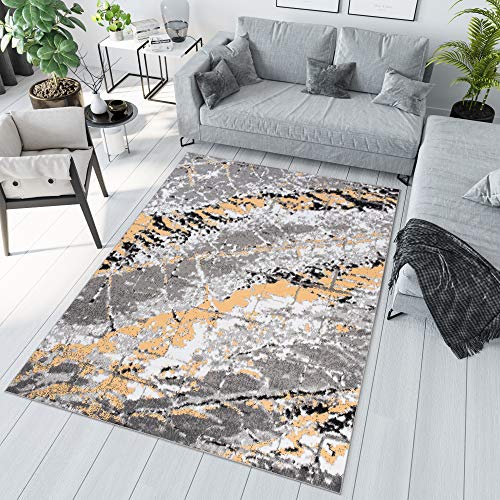 TAPISO Maya Tappeto Soggiorno Pelo Corto Design Moderno Motivo Astratto Sfumato Macchie Pittura Sfumature Grigio Giallo Camera da Letto Cameretta Ufficio Salotto Oeko-Tex 200 x 200 cm