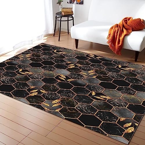 Generic Tappeto, Stampa 3D Esagono Astratto In Marmo Oro Nero Antiscivolo Tappeti Area Di, Per Soggiorno Camera Da Letto Cucina Decorazione Della Casa Soft Facile Da Pulire Pile Corto 50 X 80 Cm -2E0R+D9I