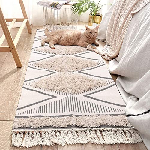 INKAROBOX Tappeto in cotone trapuntato, lavabile con nappe, geometrico, shag, per lavanderia/camera da letto (beige, 60 x 180 cm)