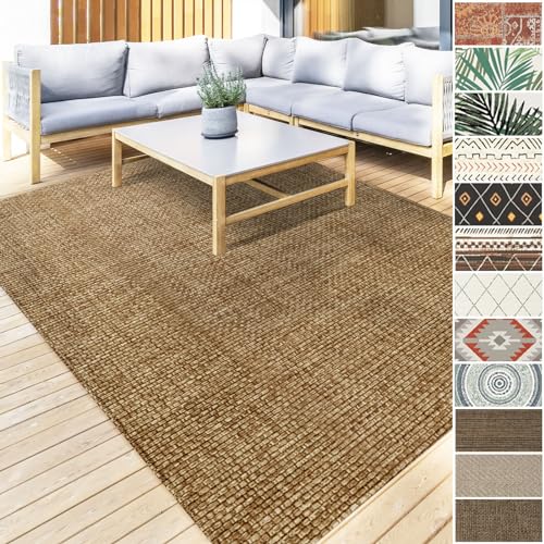 Floordirekt Tappeto da esterno resistente alle intemperie e ai raggi UV, per terrazze, balconi o anche per cucina e soggiorno, robusto, a pelo corto, lavabile, 160 x 230 cm, colore: marrone Ella