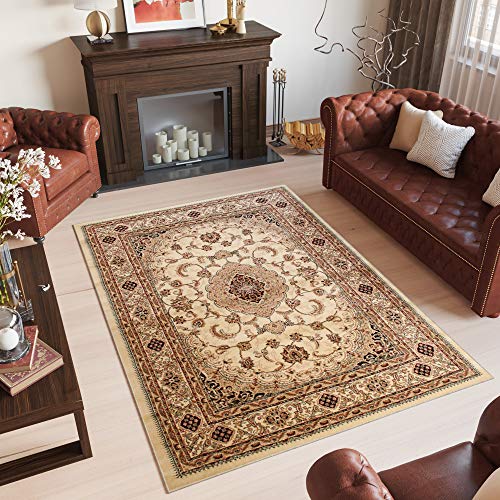 TAPISO Yesemek Tappeto Soggiorno Tradizionale Pelo Corto Design Vintage Motivo Floreale Classico Ornamenti Tonalità Crema Beige Salotto Sala Camera Ingresso OEKO-TEX 120 x 170 cm