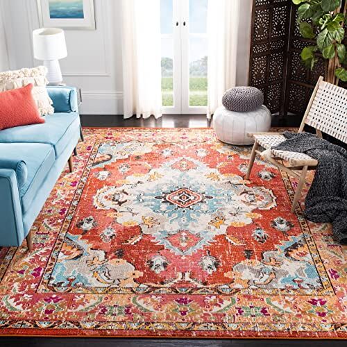 Safavieh Boho Chic Tappeto Rettangolare da Interno, Intrecciato, Collezione Monaco, MNC243, in Arancione / Azzurro, 155 X 231 cm per Salotto, Camera da letto o Qualsiasi Spazio Interno