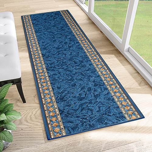 TAPISO Agadir Tappeto Passatoia Runner Antiscivolo Pelo Corto Al Metro Design Moderno Motivo Astratto Sfumature Blu Navy Corridoio Cucina Ingresso Entrata Ufficio 67 x 460 cm