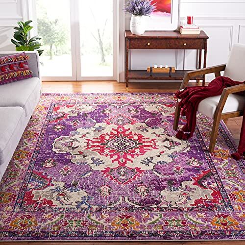 Safavieh Boho Chic Tappeto Rettangolare da Interno, Intrecciato, Collezione Monaco, MNC243, in Violato / Fuxia, 155 X 231 cm per Salotto, Camera da letto o Qualsiasi Spazio Interno