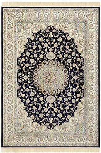 Nouristan Tappeto in Velluto Orientale con Frange anticate, 135 x 195 cm, 60% Viscosa, 40% Cotone, Adatto al Riscaldamento a Pavimento, Colore: Blu Scuro e Verde