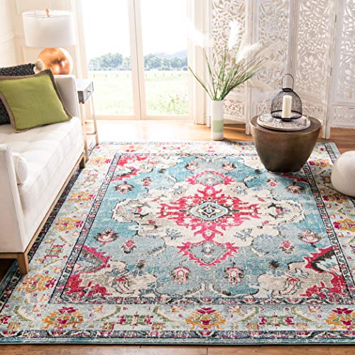 Safavieh Boho Chic Tappeto Rettangolare da Interno, Intrecciato, Collezione Monaco, MNC243, in Azzurro / Fuxia, 155 X 231 cm per Salotto, Camera da letto o Qualsiasi Spazio Interno