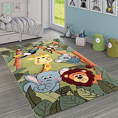 Paco Home Tappeto per bambini giungla con animali verde, Dimensione:133 cm quadrato