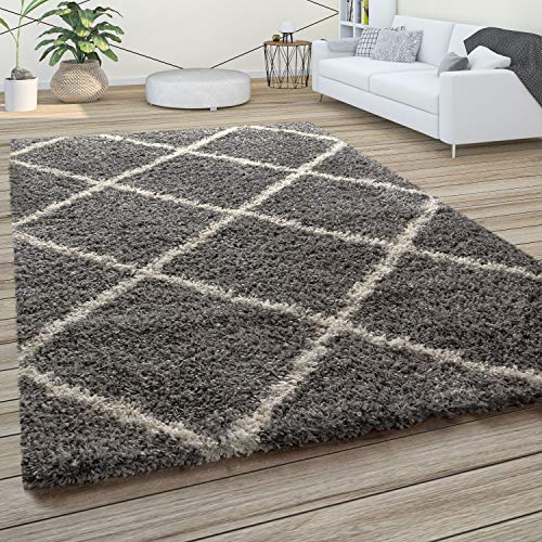 Paco Home Morbido tappeto a pelo lungo Shaggy per soggiorno in stile scandinavo con motivo a rombi, Dimensione:100x200 cm, Colore:Grigio