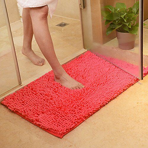 ele ELEOPTION Soft Shag Tappetino da Bagno Tappeto Cucina Porta Porta Piedini Tappetino Striscia Antiscivolo Zerbino Assorbente Tappetini da Bagno Doccia Shaggy Carpet 60 x 90 cm, Rosa Rossa