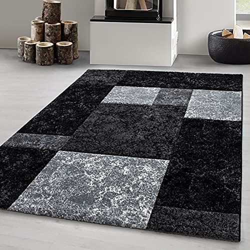 Carpetsale24 Tappeti a pelo corto, colore nero, disegno dei quadrati, 111450, tappeto rettangolare, Tappeto soggiorno, 240 x 340 cm