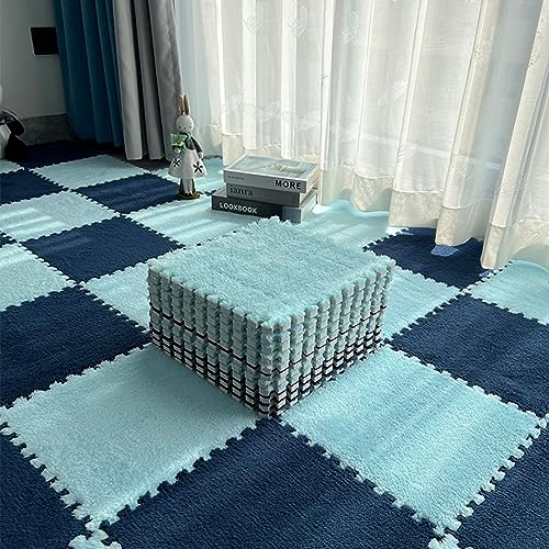 YMXBHN 10 Pezzi 12"x12" Tappetino Puzzle In Schiuma Di Peluche Con Bordo, Tappeto Quadrato Ad Incastro Soffice Tappeto, Tappetino Antiscivolo Per Camera Da Letto Da Salotto(Color:Blu scuro+Azzurro)