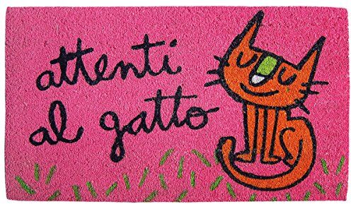 Laroom Zerbino Motivo attenti al Gatto, Jute And Base Antiscivolo, Rosa, 40 x 70 x 1.8 cm