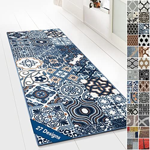 Floordirekt Tappeto/passatoia in fine bouclé, per cucina, corridoio e soggiorno, su misura, con motivo ornamentale vintage a griglia ispirato all’Oriente (80 x 200 cm, Newport)