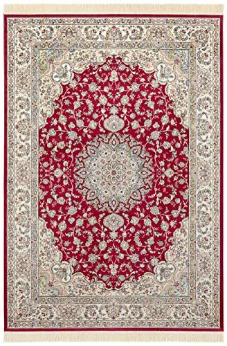 Nouristan Tappeto orientale in velluto con frange antumato, 135 x 195 cm, 60% viscosa, 40% cotone, adatto al riscaldamento a pavimento, colore: rosso verde