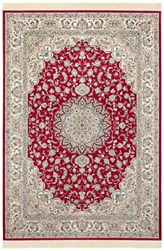 Nouristan Tappeto in Velluto Orientale con Frange anticate, 95 x 140 cm, 60% Viscosa, 40% Cotone, Adatto al Riscaldamento a Pavimento, Colore: Rosso e Verde