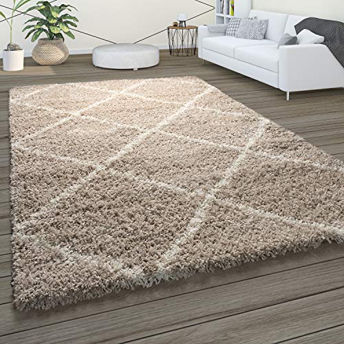 Paco Home Morbido tappeto a pelo lungo Shaggy per soggiorno in stile scandinavo con motivo a rombi, Dimensione:140x200 cm, Colore:Beige