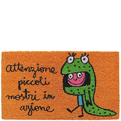 Laroom Zerbino design Attenzione Piccoli Mostri In Azione, Jute & Base Antiscivolo, Arancione, 40x70x1.8 cm