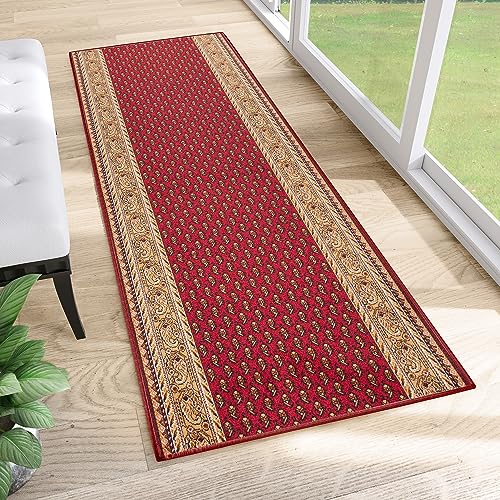 TAPISO Agadir Tappeto Passatoia Runner Antiscivolo Pelo Corto Al Metro Design Moderno Motivo Tradizionale Rosso Rubino Corridoio Cucina Ingresso Entrata Ufficio 80 x 380 cm