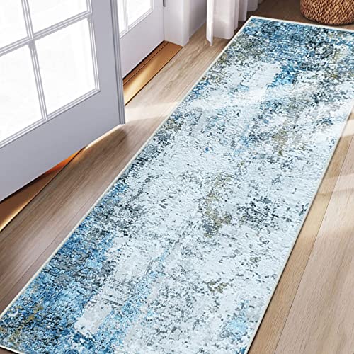 JURLEA Tappeto per corridoio Tappeto antiscivolo per corridoi cucina e soggiorno Non perde è lavabile e leggero (80 x 300 cm, Crema/Blu)