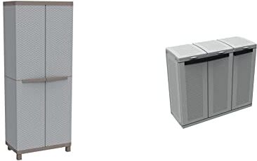 TERRY , C-Rattan 3680, Armadio da Esterno Interno a 2 Ante Effetto Rattan & Ecocab 3, Armadietto per la Raccolta Differenziata, da Interno Esterno, 3 vani separati.