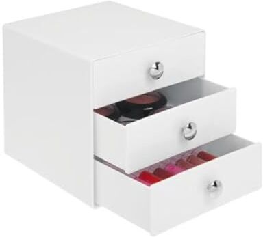 InterDesign iDesign Porta trucchi con 3 cassetti, Mini cassettiera per trucco, gioielli e cosmetici, Organizzatore trucchi in plastica a forma di cubo, bianco