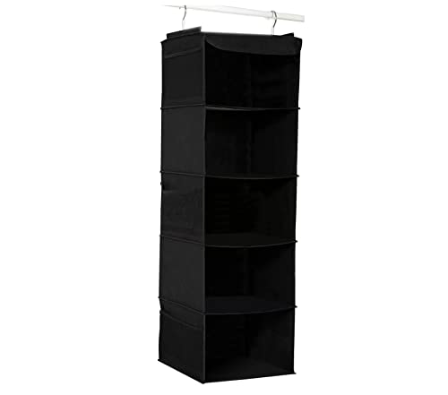 BrilliantJo Organizer Armadio, Portattuto da Appendere con 5 Scomparti con 6 Tasche Laterali a Rete per Vestiti, con 2 Ganci Organizzatore Armadio da 30 x 30 x 108 cm, Nero