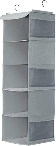 BrilliantJo Organizer Armadio, Portattuto da Appendere con 5 Scomparti con 6 Tasche Laterali a Rete per Vestiti, con 2 Ganci Organizzatore Armadio da 30 x 30 x 108 cm, Grigio