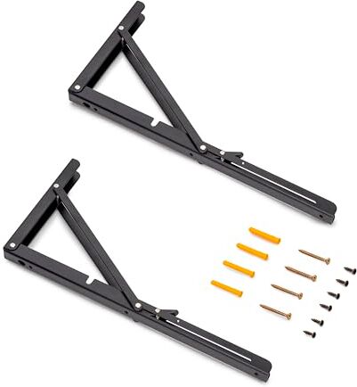 Emuca Reggipiani pieghevoli, 403mm, Set di 2 staffe pieghevole per mensola a muro, carico max. 60kg, Verniciato nero, Acciaio