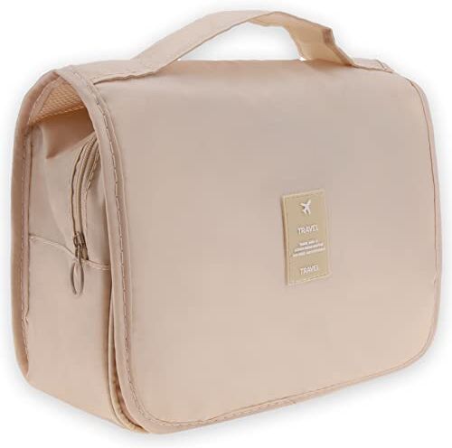 Yatinkim Borsa da toilette da viaggio per trucco cosmetico organizer pieghevole resistente all'acqua per donne ragazze articoli da toeletta bagno con gancio per appendere beige