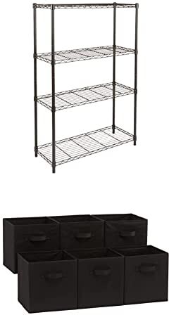 Amazon Basics 4-Shelf Storage Unit with Height Adjustable Shelves And Foldable Storage Cubes (6 Pack), Black