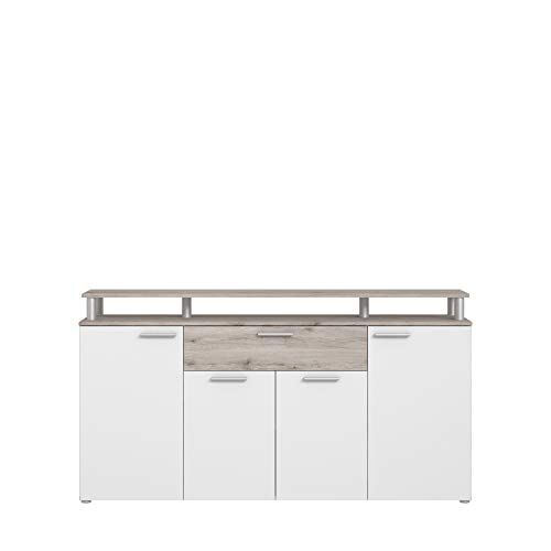 Forte Gulada Cassettiera con 4 ante e 1 cassetto, in legno derivato, rovere sabbiato e bianco opaco, 60 x 90 x 169,3 cm