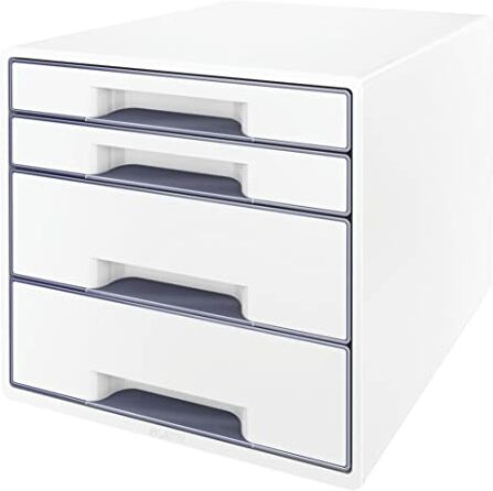 Leitz WOW Cube Cassettiera a 4 Cassetti, Organizer per Riporre Documenti, Cataloghi e Riviste in Formato A4, Adatta per Casa e Ufficio, Grigio,