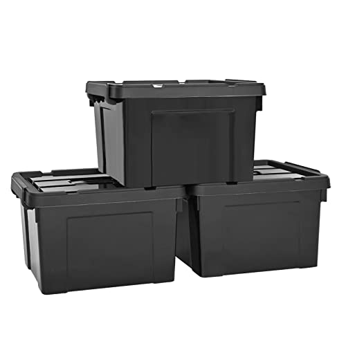 HOHAOO Set di 3 scatole portaoggetti impilabili, resistenti, impilabili, in plastica nera, con coperchi e clip per scatola bloccati, per mensole e garage