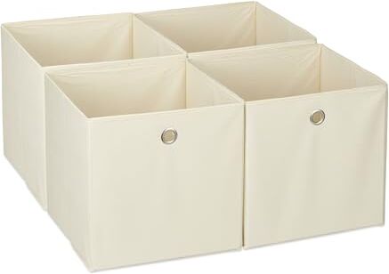 Relaxdays Scatola Portaoggetti, Set 4 Box a Cubo da Scaffale, HLP 30 x 30 x 30 cm, Portagiochi Pieghevole, Stoffa, Beige, Poliestere, Cartone