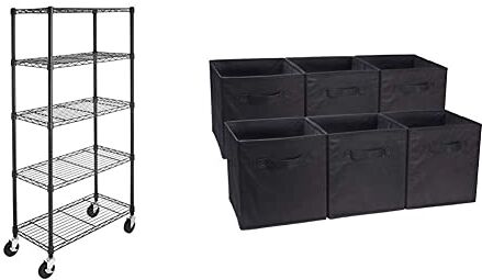 Amazon Basics 5-Shelf Storage Unit on 4-inch Casters with Height Adjustable Shelves and Adjustable Levelling Feet and Foldable Storage Cubes (6 Pack), Black