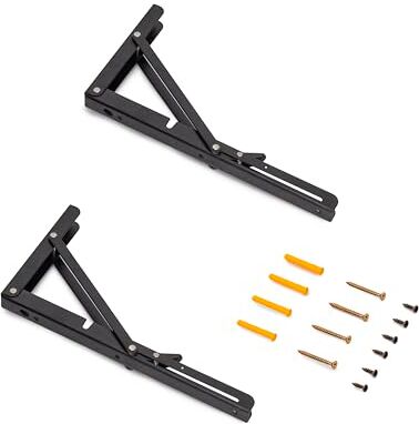 Emuca Reggipiani pieghevoli, 303mm, Set di 2 staffe pieghevole per mensola a muro, carico max. 50kg, Verniciato nero, Acciaio