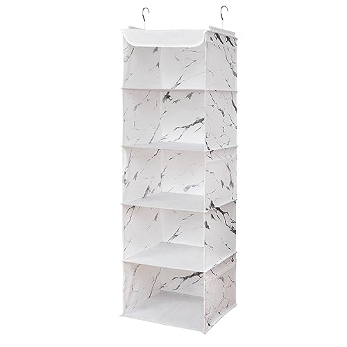 BrilliantJo Organizer Armadio, Portattuto da Appendere con 5 Scomparti con 6 Tasche Laterali a Rete per Vestiti, con 2 Ganci Organizzatore Armadio da 30 x 30 x 108 cm, Modello Bianco