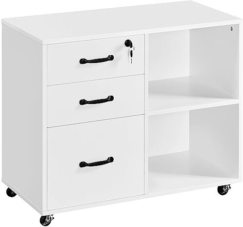 Yaheetech Armadietto Portadocumenti Schedario da Ufficio in Legno con 3 Cassetti Mobile Porta Stampante con Scomparti Mobiletto da Archivio con Ruote 80 x 40 x 65,5 cm Bianco